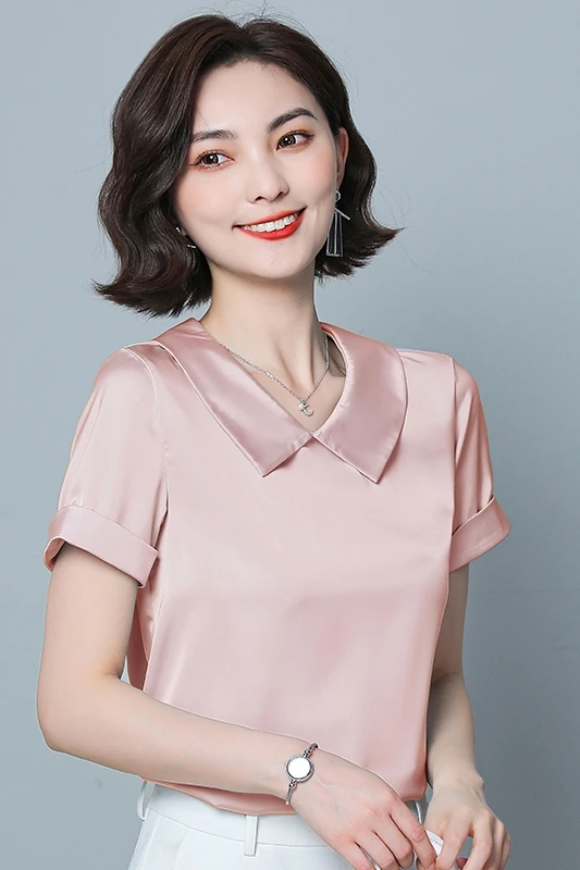 

Summer Satin Womens Blouses Short Sleeve Silk Womens Tops and Blouses Loose Office Lady Pink Woman Tops