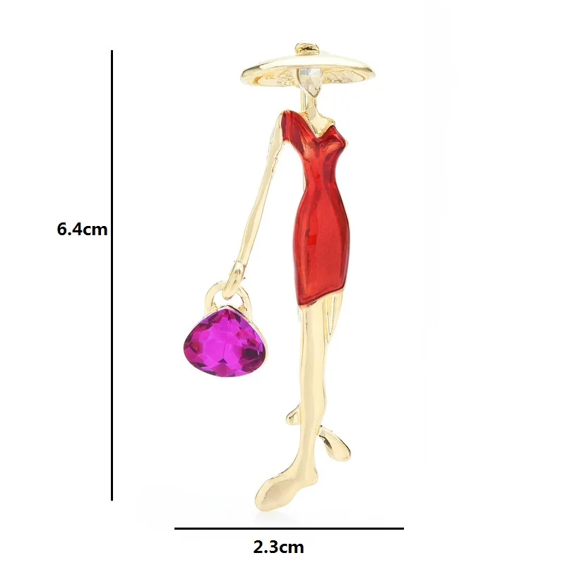 

Wuli&baby Red Enamel Women Wearing Hat Holding Crystal Bag Women Brooches Pins 2021 Designer Brooch Pins
