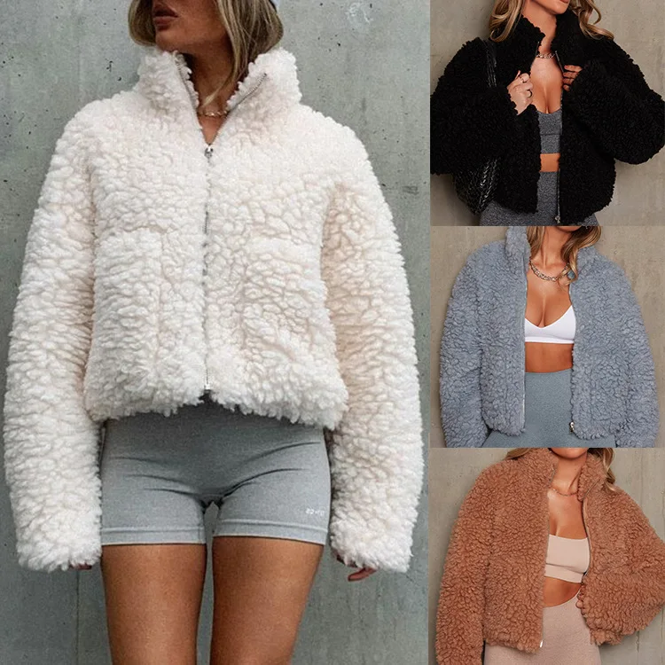 

2021 Autumn Winter Short Jacket Women Zipper Turtleneck Lamb Wool Coat Korean Fashion Long Sleeve Outwear Tops