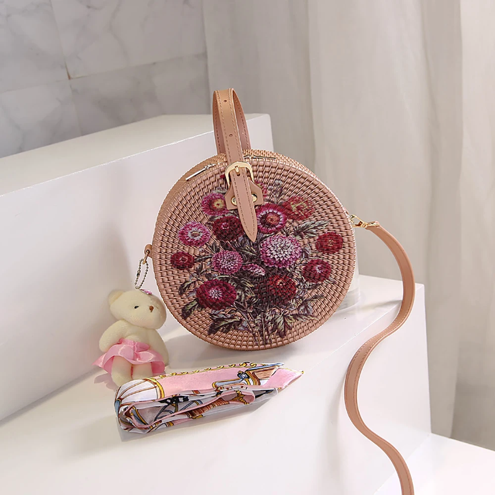 

Vintage Crossbody Bags for Women 2021 New Fashion Purses Girls Candy Floral Round Pink Bag Female Shoulder Messenger Handbags