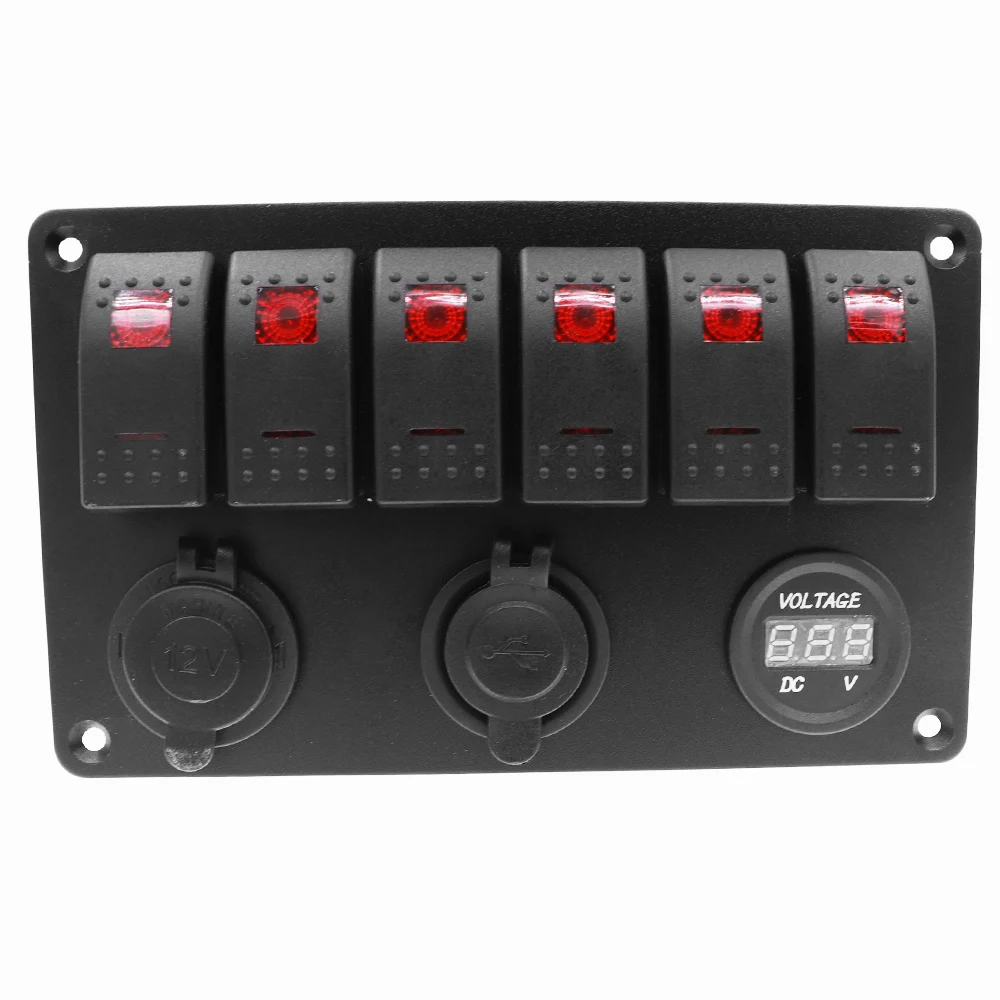 

Waterproof 6Gang Switch Panel For Marine Boat Rocker With Dual USB Slot Socket & Digital Voltage Display + Cigarette Lighter New