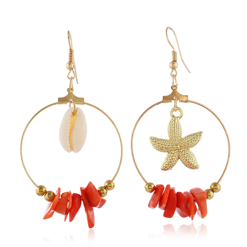 Классические серьги с натуральным цветным камнем в виде ракушек морская звезда