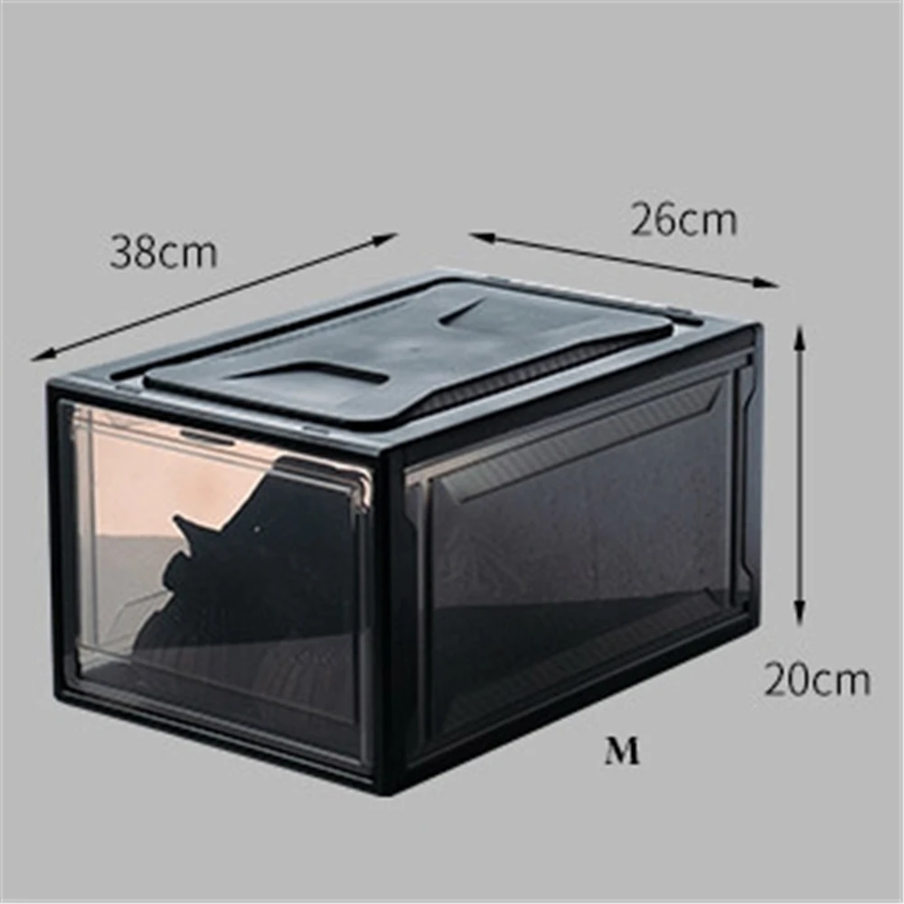 Front open M Black Штабелируемый толстый прозрачный Обувной Ящик складывающийся флип сборочный ящик для хранения обуви пыленепроницаемый водонепроницаемый пластиковый шкаф для обуви - Цвет: Front open M Black