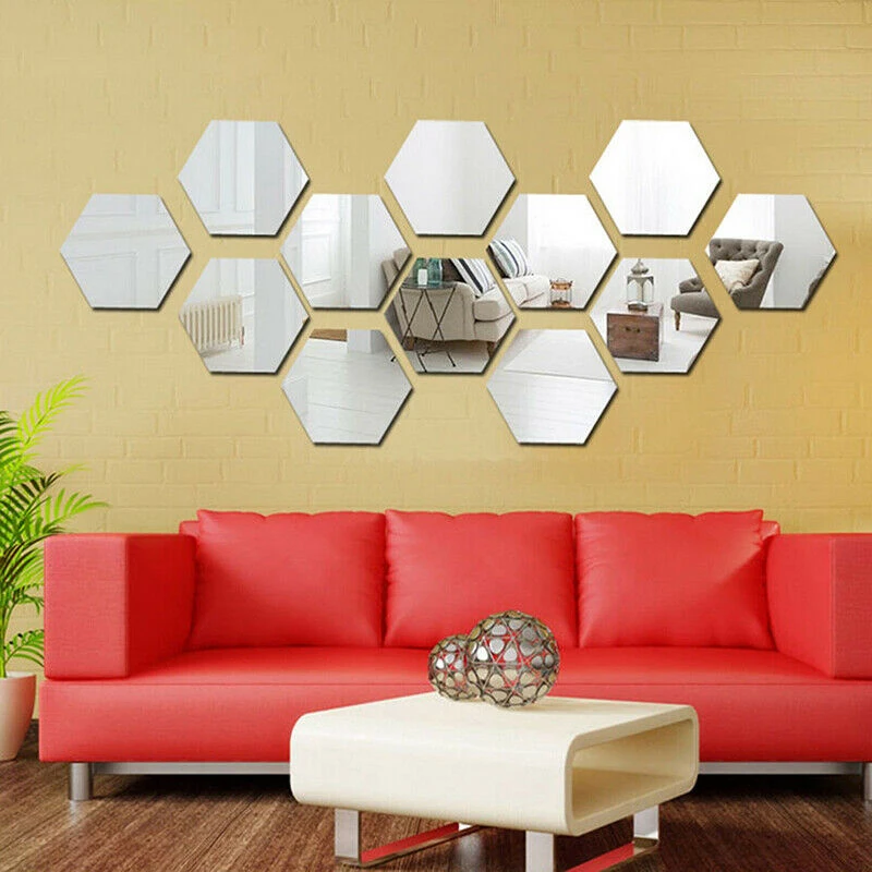 

12PCS Wall Sticker 3D Hexagon Mirror Sticker TV Background Bedroom Removable Decal Home Art DIY Living Room Decorative Mirrors
