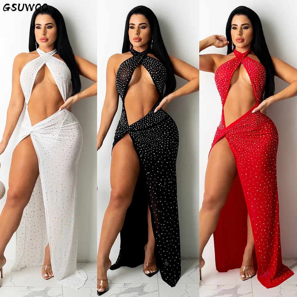 

GSUWOO Sexy Crystal Diamonds Sheer Mesh Hollow Out Evening Party Club Long Dress Women Elegant Backless High Split Maxi Dresses