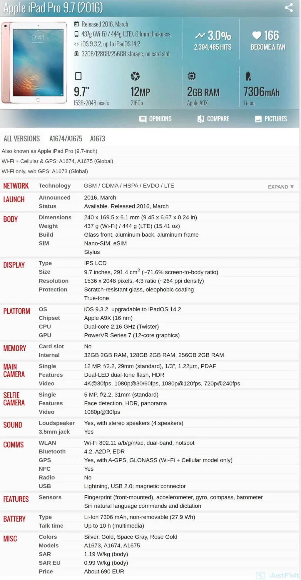 

Original Refurbish Apple IPad Pro 9.7 2016 9.7 inches, A1673 Wifi Version About 80% New Unlock