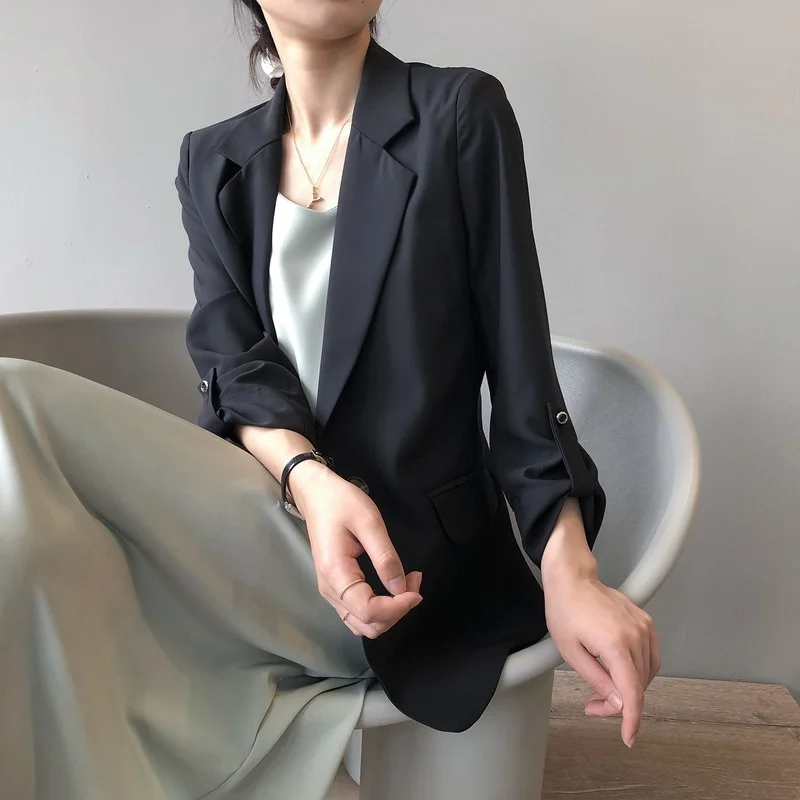 

Korean Fashion Casual Loose Thin Blazers For Women 2021 Women Suit Jackets Summer Black White Long Blazer Oversized Blazer Coat