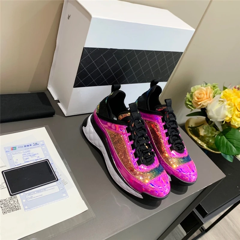 

Ladies Sneakers Luxury Designer Brand Lace-Up Woman Casual Shoes Top Quality Fashion Sequins Female 2020 New Zapatos De Mujer