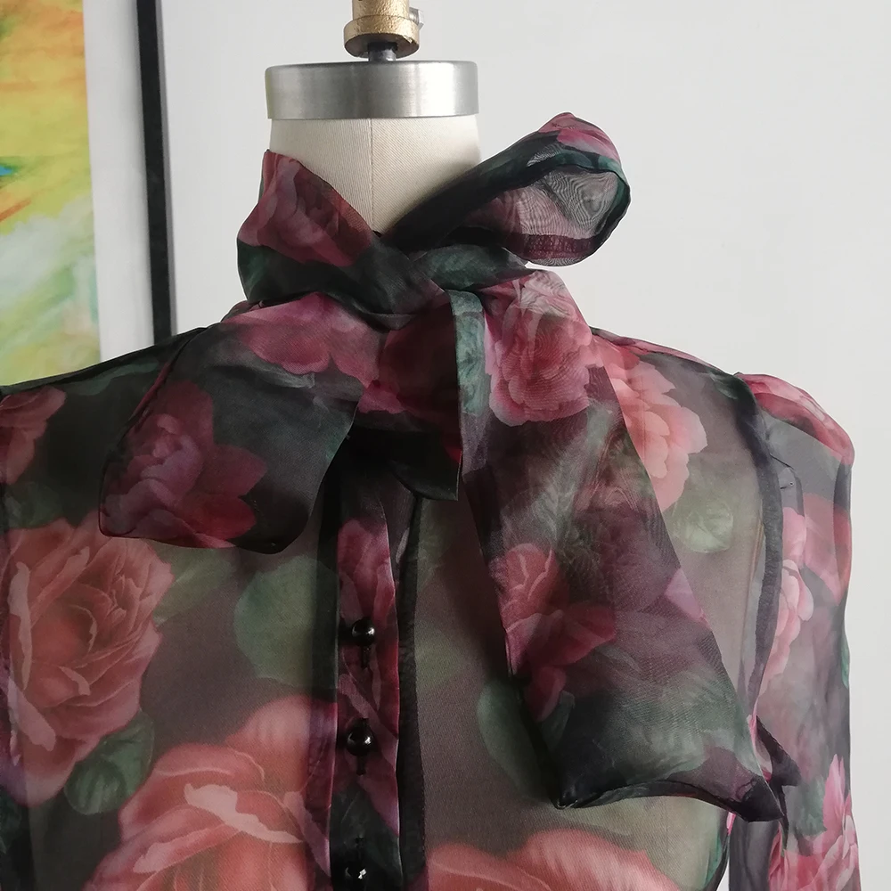 Прозрачная женская блузка с цветочным принтом летняя винтажная длинным рукавом