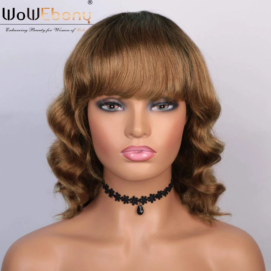 

Highlight short bob wigs with bangs 1b30 body wave human hair wigs with bangs silk base natural head spin straight bangs wig