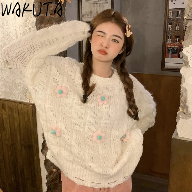 Милый Элегантный цветочный розовый и белый пуловер WAKUTA свитеры для девочек в