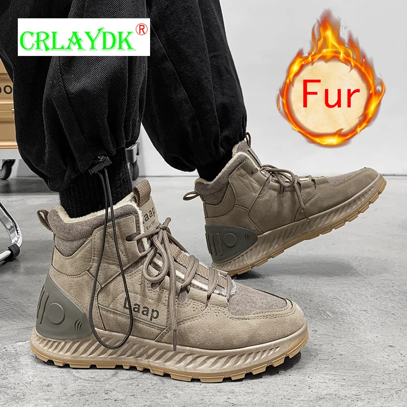 

CRLAYDK Winter Fur Lined Men's Snow Casual Shoes Ankle Outdoor Hiking Anti Slip Booties Warm Work Tooling High Top Sneakers