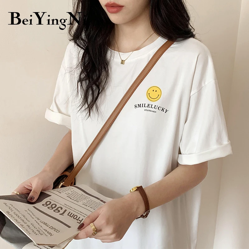 

Beiyingni Summer Fashion Shirt Smiley Graphic T Shirts Women Tops Base O-neck White Tees Funny Girls Tshirt Loose Casual T-shirt