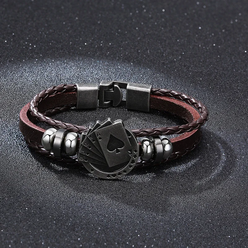 POKER BROWN LEATHER CUFF BRACELET MEN'S MULTILAYER WRAP WRISTBAND FRIENDSHIP VINTAGE BIKER PLAYING CARD BANGLE MEN JEWELRY | Украшения