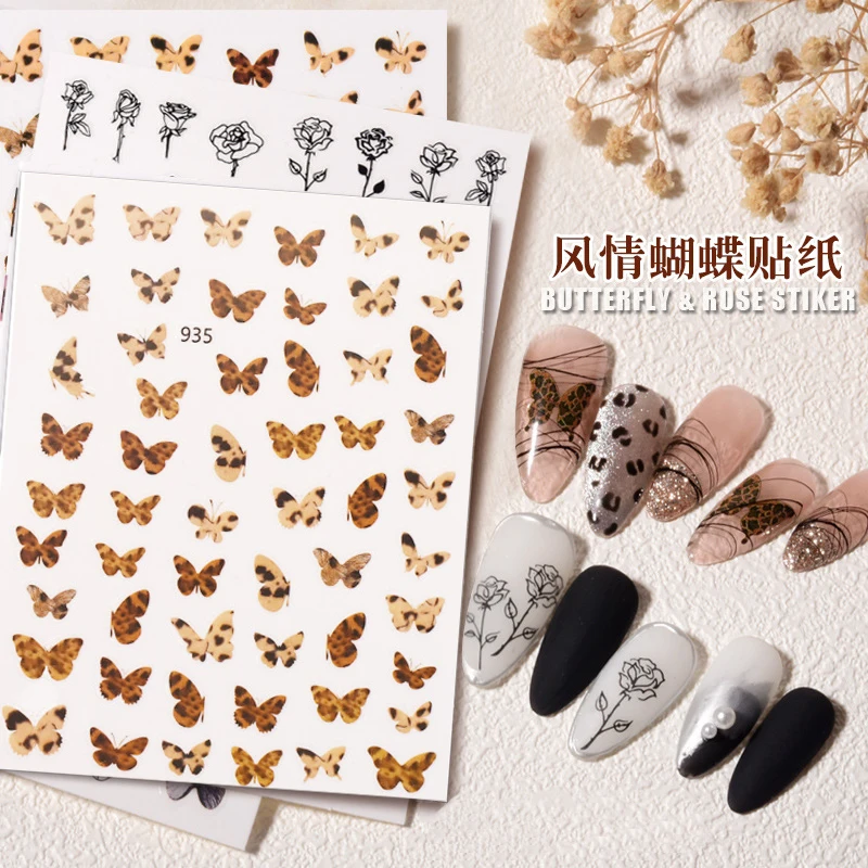1PC 3D leopardo Nail Stickers Decals Butterfly Leopard Back Adhesive Sliders Wraps Colorful DIY Nail Art Extension Decoration