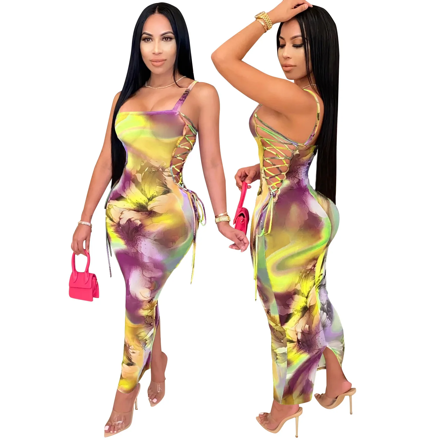 Zoctuo Tie Dye Print Maxi Long Dress Sexy Women Mesh See Though Club Spaghetti Strap Lace Up Side Bodycon | Женская одежда