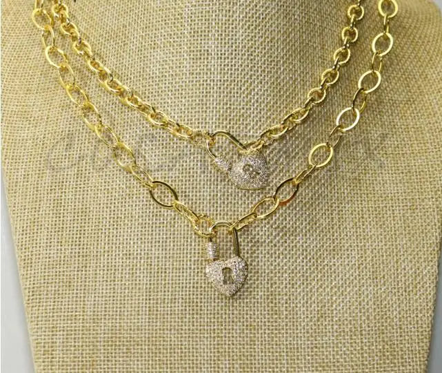 

2Pcs fashion Zircon heart lock clasp Spiral Clasp Charms pendant necklace Gold Color jewelry Chain necklace Handmade jewerly