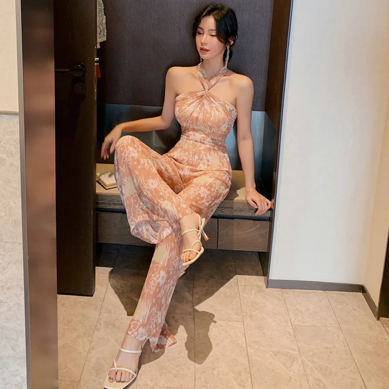 Summer Sexy Women Print Chiffon Jumpsuit Party Halter Catsuit Overalls Bodysuit Club Pants Casual Playsuits Elegant Long Rompers