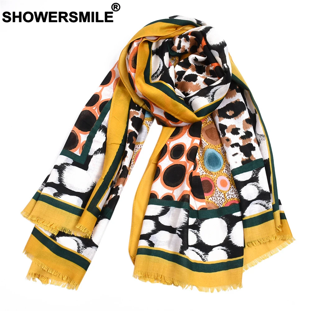 SHOWERSMILE Women Scarf Cotton Linen for Green Wave Point Print Autumn Winter Ladies Shawl |