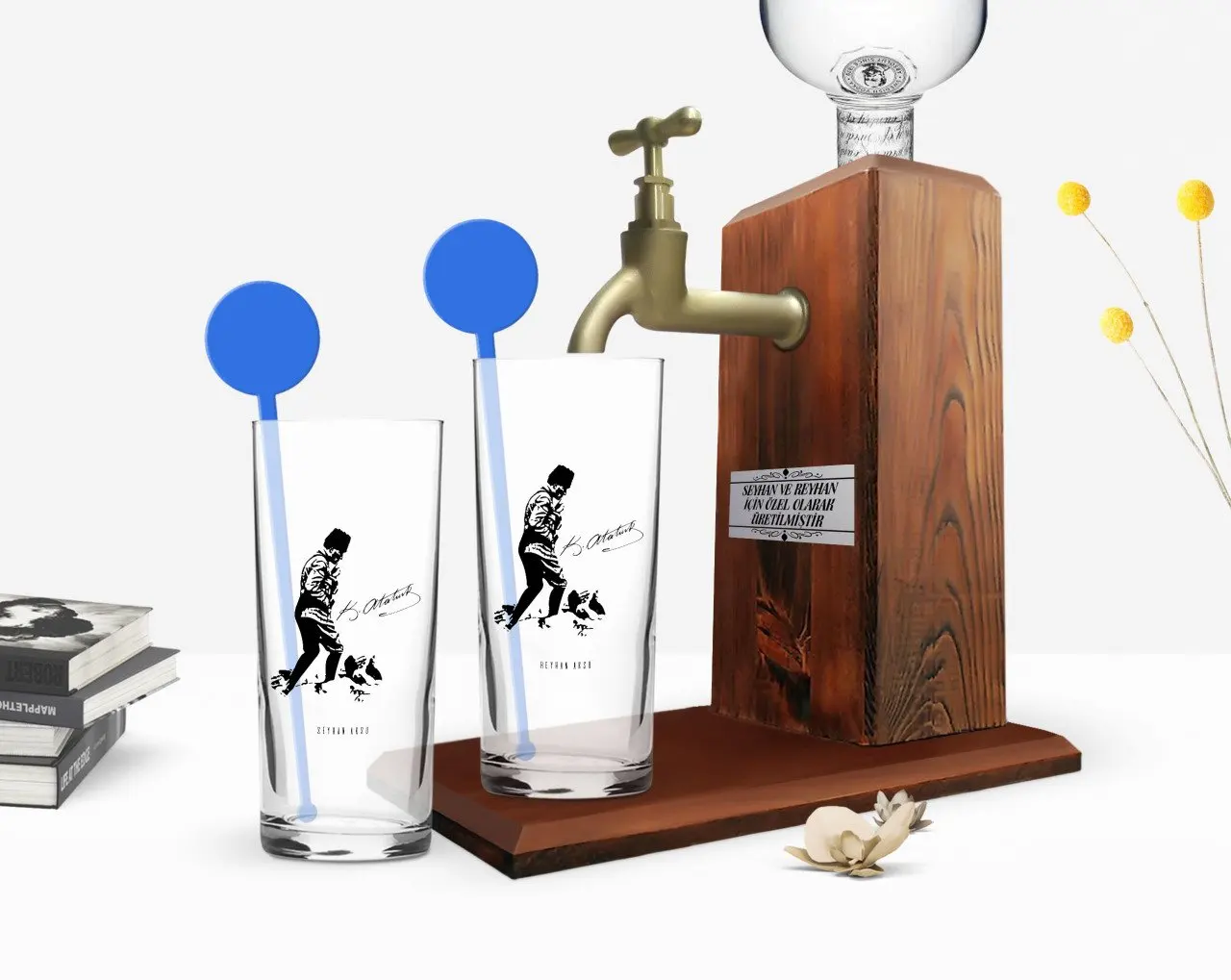 

Personalized Colorful Printed Ataturk Themed Dual Vodka Cup and Wood Vodka Stand Gift Seti-16