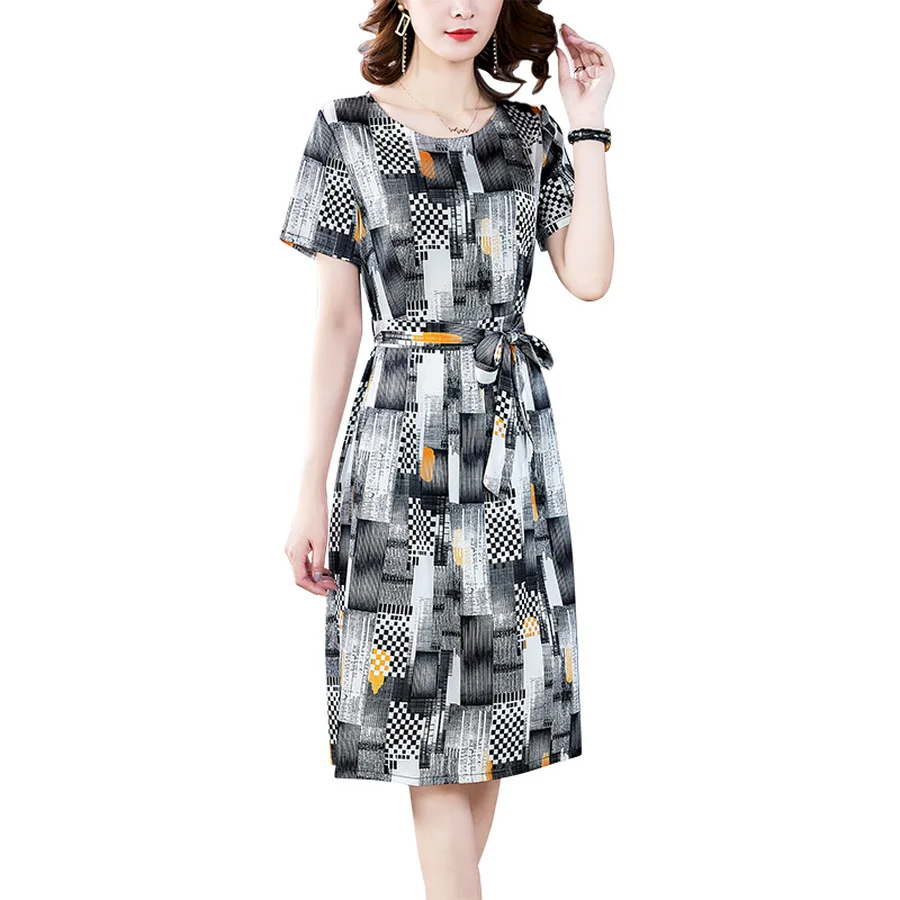 

2021 Vintage Gray Print Mulberry Silk Midi Dress Summer Fashion 4XL Plus Size Runway Dresses Classy Women Bodycon Party Vestidos