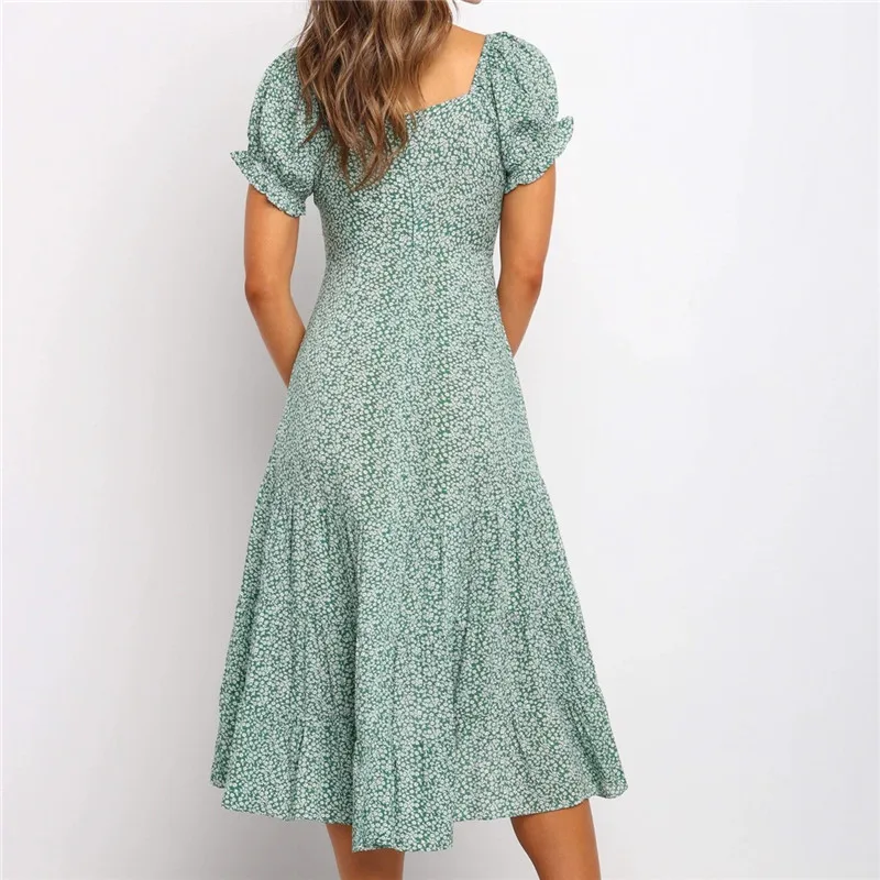 

2020 Summer Elegant Print Women Slim Dress Casual Bohemian V-neck Puff Sleeves Sexy Ruffles Dress