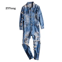 high street men denim jumpsuit hip hop streetwear hole ripped jeans overalls tattered cargo pants fashion freight trousers