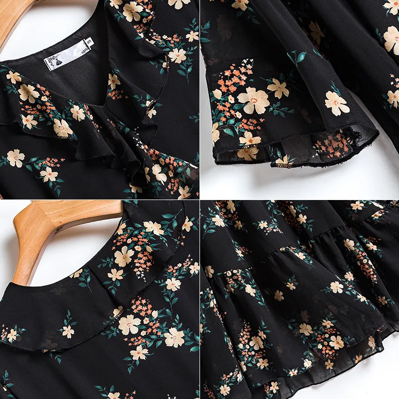 Летнее платье 2021 винтажное черное шифоновое миди с цветочным принтом и оборками