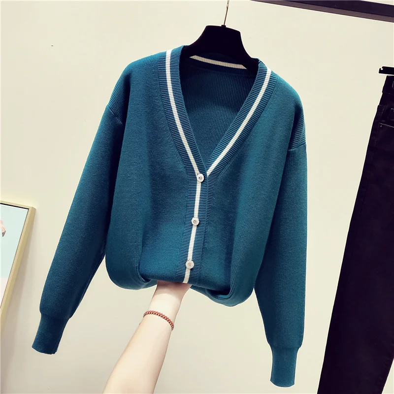 

Loose Knitted Women Sweaters And Cardigan V-Neck Loose Buttom Solid Lady Slim Elegant Outwear Coat Tops