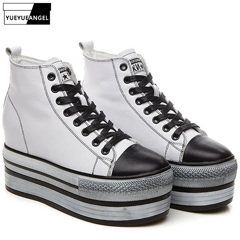 

Brand New Womens High Top Thick Platform Shoes Genuine Leather Lace Up Casual Sneakers Wedges Hip Hop High Heels Creeper Pumps