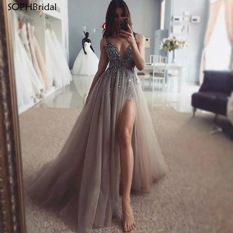 

Новое поступление, v-образный вырез, сексуальное боковой Разделение платье для выпускного вечера платье Бисер на тонких бретелях Вечеринка ...