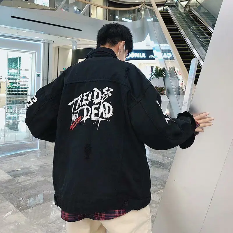 

ripped hole denim jacket male handsome denim clothing personality printed loose baseball uniform student trendy jacket
