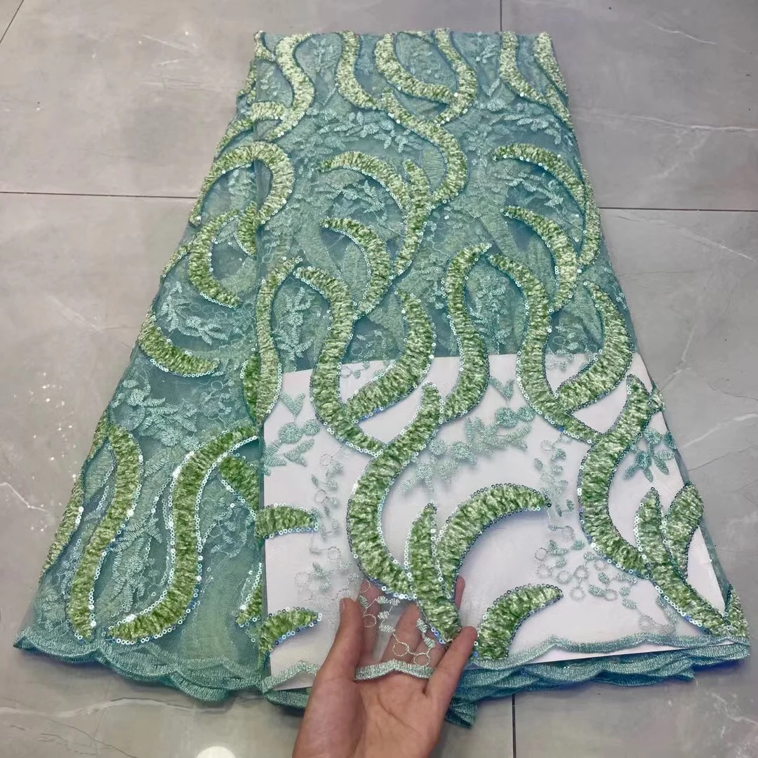 

Green French Net Lace Fabric With Sequins Velvet Fabric 2021 High Quality Velvet Lace African Lace Fabric For Wedding Sewing JYF