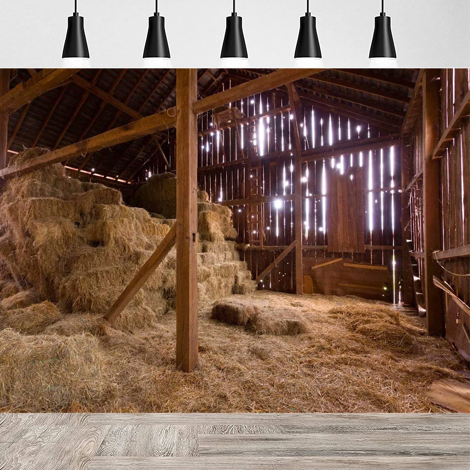 

Farm Photography Backdrop Interior of Old Barn with Straw Bales Country Scene Rustic Party Nativity Photo Background Props