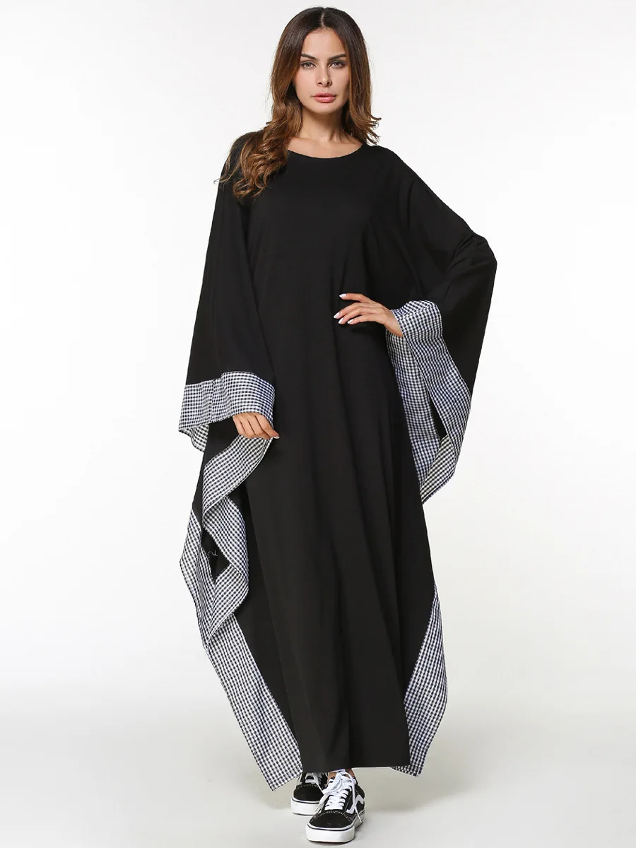 

Casual Muslim Bat Sleeve Abaya Plaid Maxi Dress Cardigan Kimono Long Robe Gowns Middle East Eid Ramadan Islamic Prayer