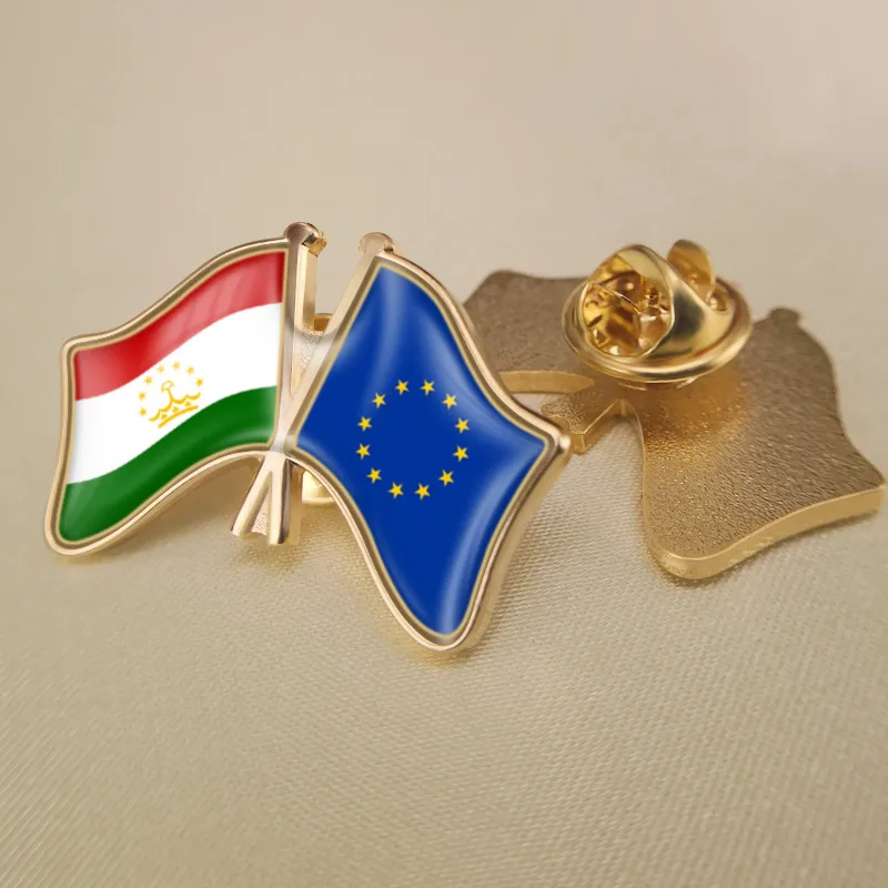 

European Union and Tajikistan Crossed Double Friendship Flags Brooch Badges Lapel Pins