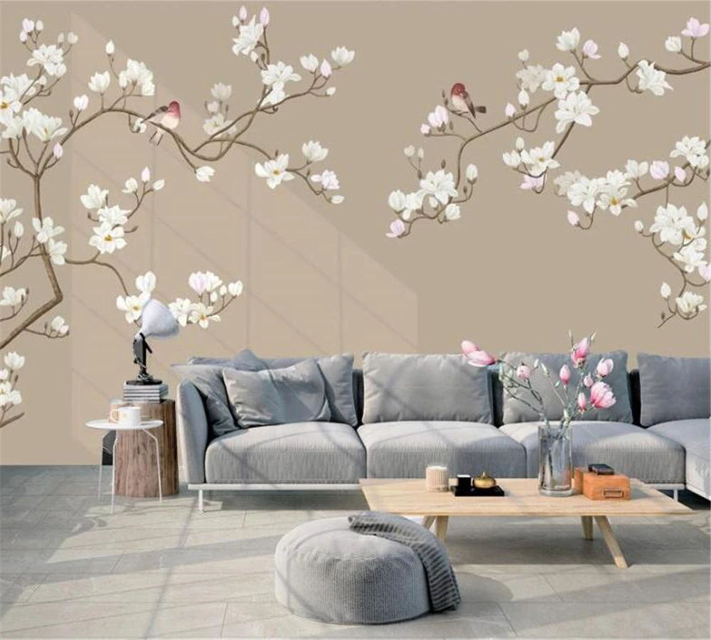 

beibehang Wallpaper customization 3D photo European hand-painted romantic magnolia flower pen flower and bird mural background