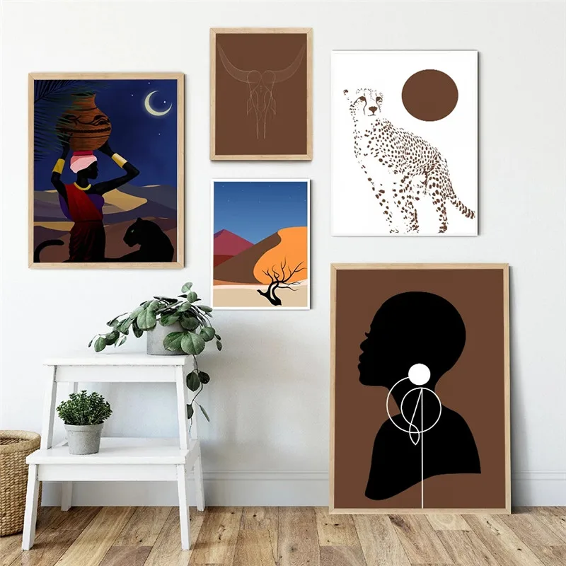 

Abstract Landscape Nordic Cartoon Posters and Prints Wall Art Canvas Painting Brown Gallery Sun Black Woman Animal Art Pictures