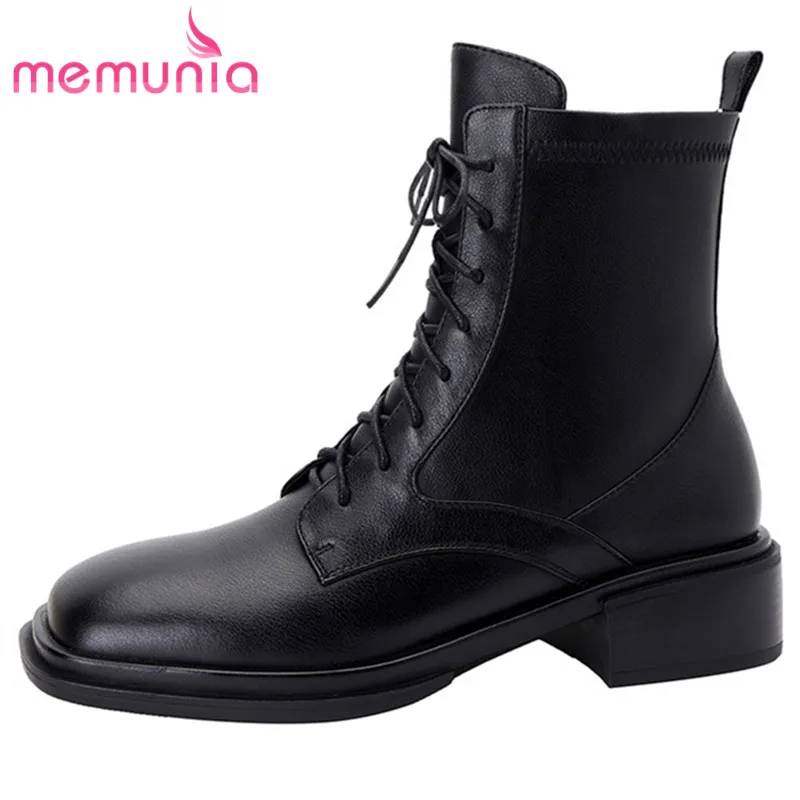 

MEMUNIA 2022 Hot Sale Genuine Leather Ankle Boots Lace Up Zip Low Heels Fashion Shoes Square Toe Stretch Short Boots Women