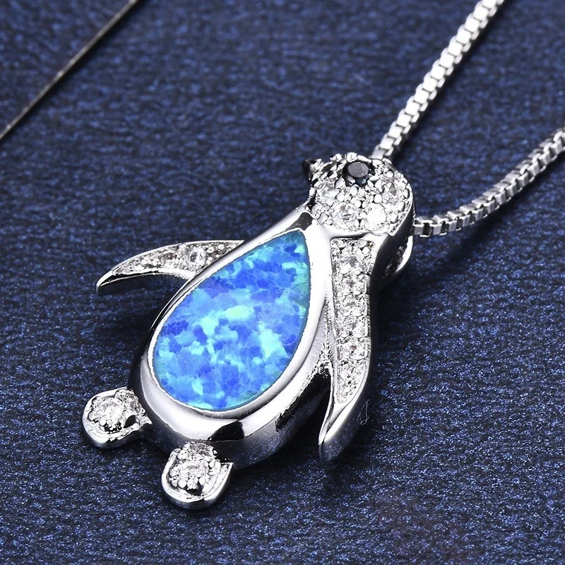 

Exquisite luxury fashion women blue and white opal penguin shape elegant pendant wedding party jewelry necklace wholesale