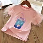 Летняя футболка для девочек, сетчатые топы с короткими рукавами, детская одежда, детская хлопковая розовая футболка с принтом сока, От 3 до 8 лет