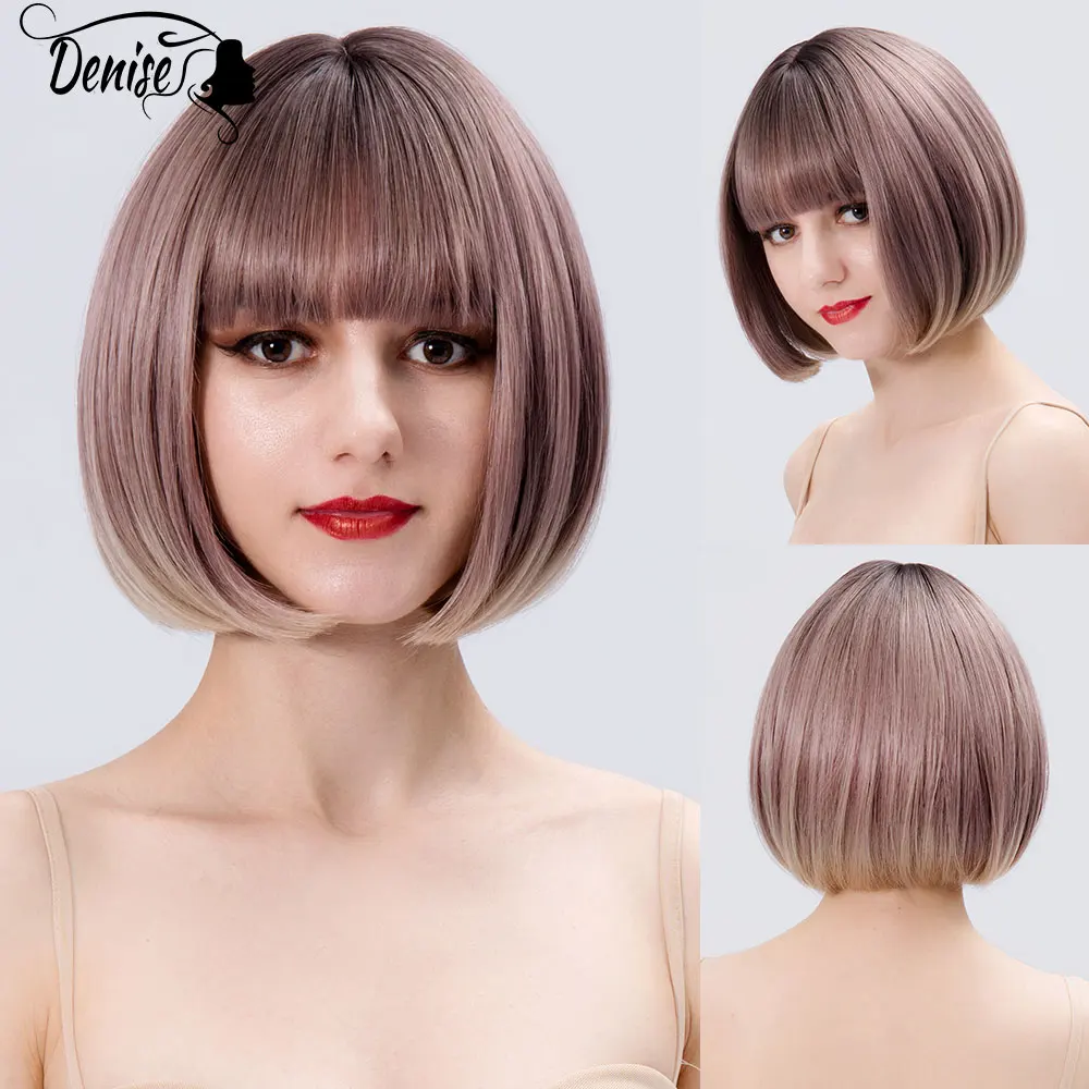 

Short Bob Straight Synthetic Wigs With Bangs For Women Natural Ombre Brown Pink Heat Resistant Wigs Cosplay Party Daily Hair