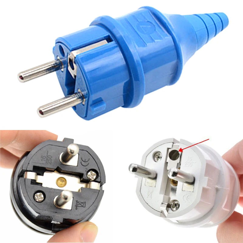 Black Copper CE AC EU French Germany Waterproof Schuko Power Plug 16A 2pin Cable Connector Wiring Adaptor Converter White Blue