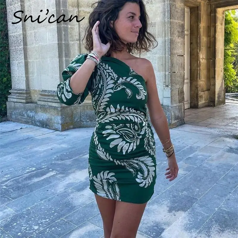 

One Off Shoulder Sexy Dress Za 2021 Women Paisley Print Bodycon Slim Mini Dresses Summer Fashion Laides Satin Vestidos Cortos