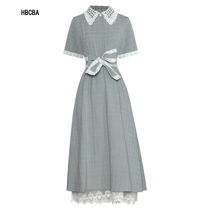 

HBCBA Spring New Hollow Out Lapel Short Sleeve Lace Up Waist Simple Temperament Medium And Long Plaid Dress