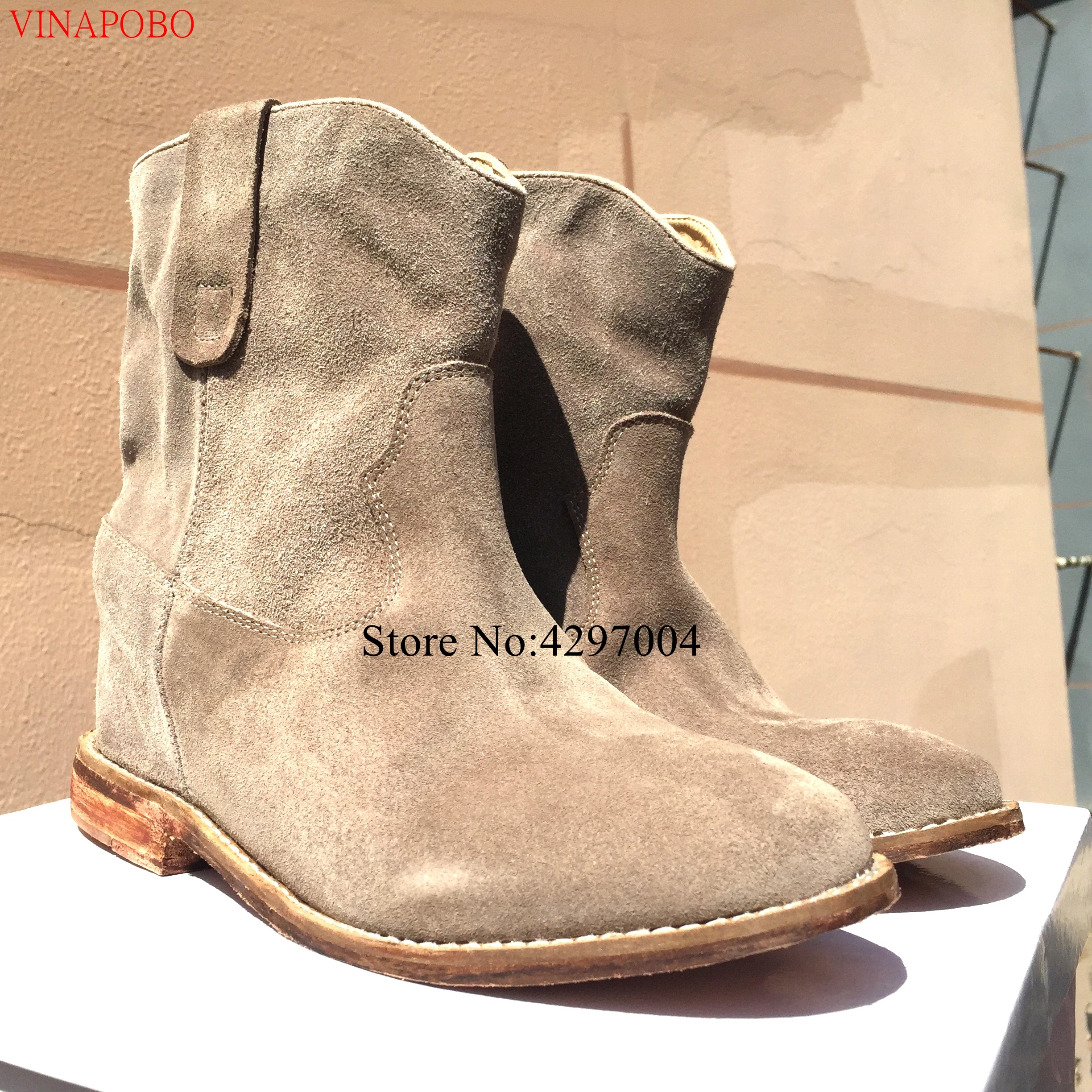 

grey Nude Leather Boots Women Genuine Increase Height Heel Ankle Boots Flat/Wedeg Slip On Western Boots Cowboy Boots szapatos d