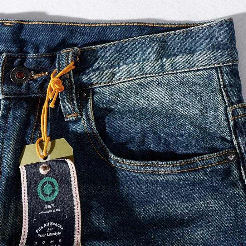 Autumn and Winter Thick Stretch Worn Looking Washed-out Jeans Men 's American Straight -Leg Trousers