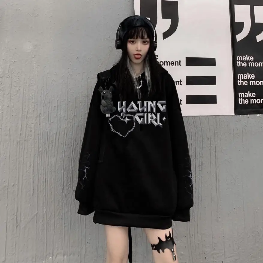 Черная Толстовка в уличном стиле Модный пуловер куртка готическом с длинным