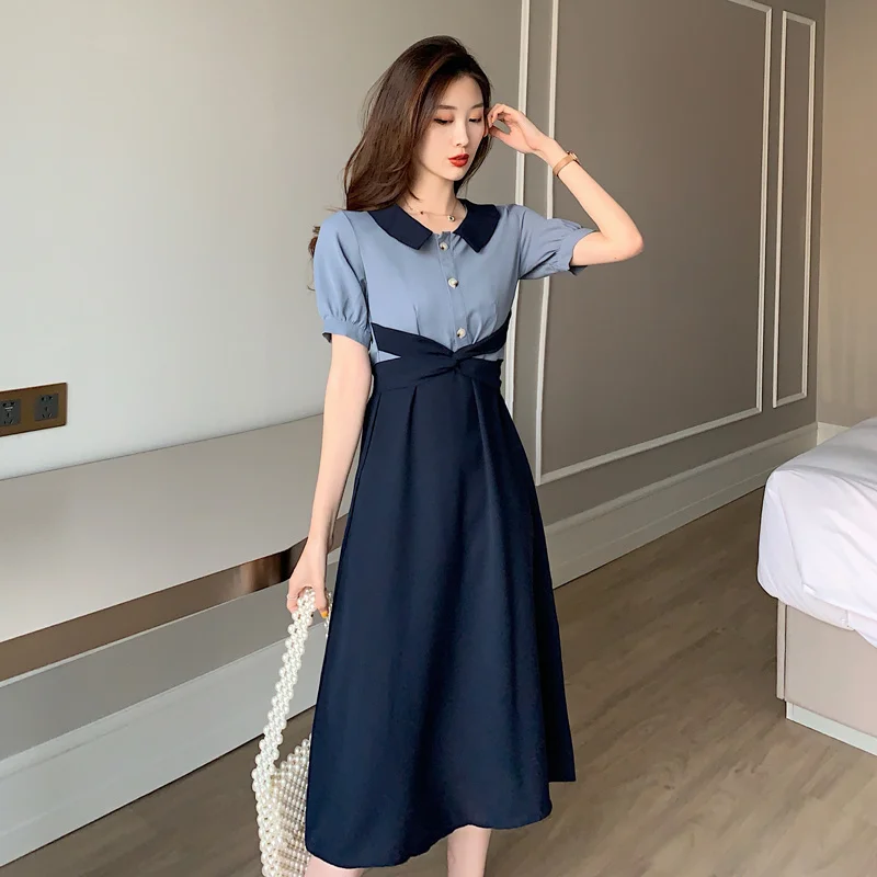 

Price Korean Style Retro Summer New Tight Waist Contrast Color Lapels Niche Temperament Mid-Length Skirt Dress