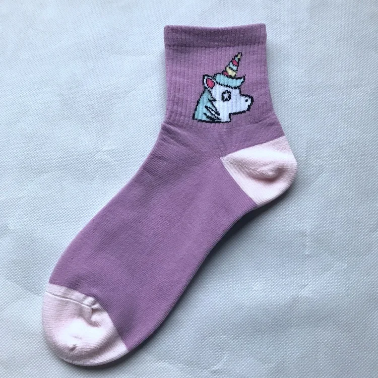 Adult Size Mid Calf Crew Medium Cotton Short Socks Running Unicorn Head Body Rainbow Horse Lavender Violet Purple Birthday Gift | Женская